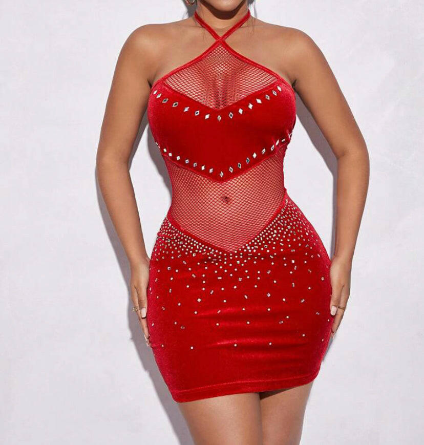 Sexy rhinestones neck backless bodycon dress.
