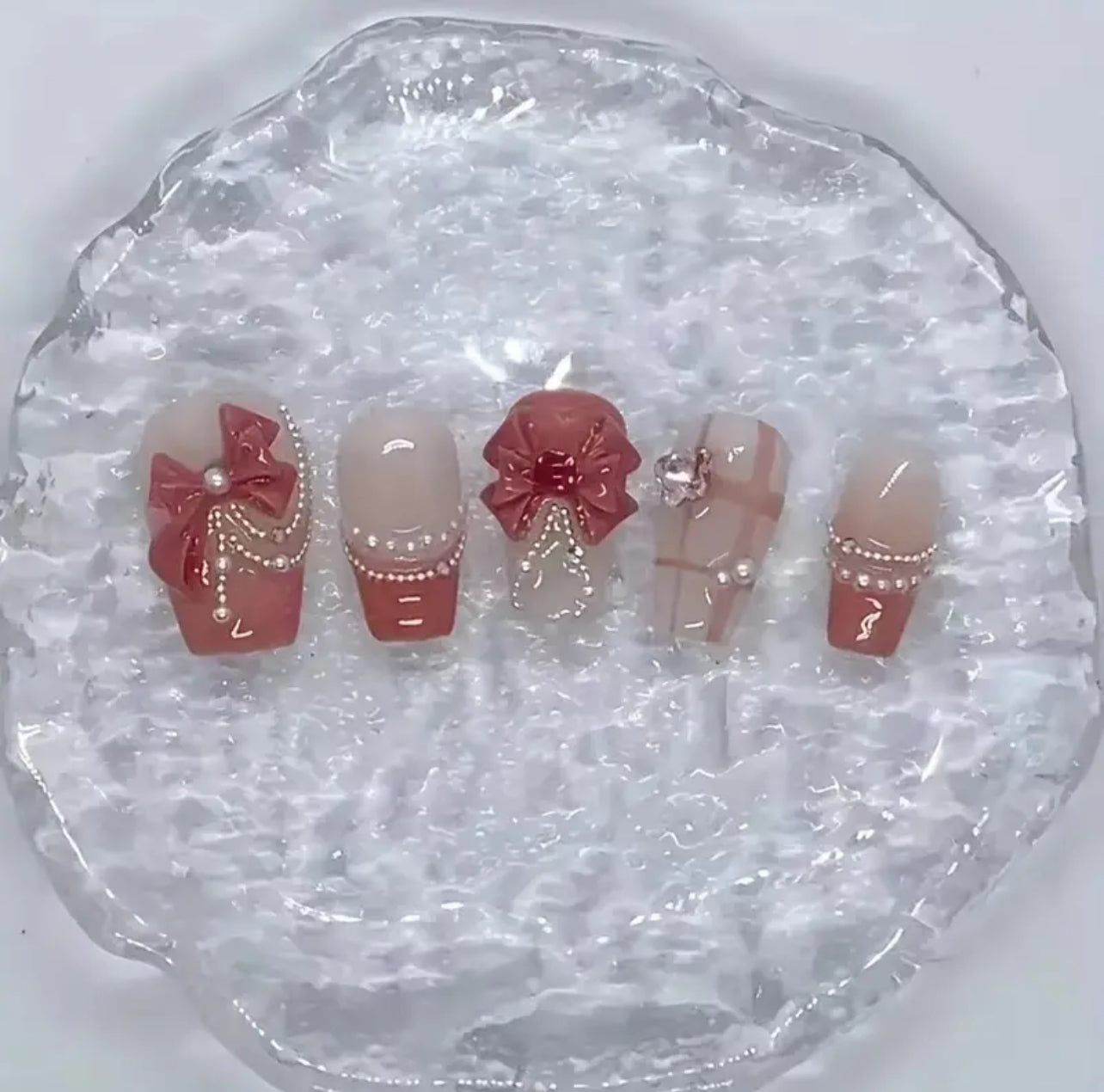 Pink princess gradient butterfly bow handmade press on nails (Pre order)