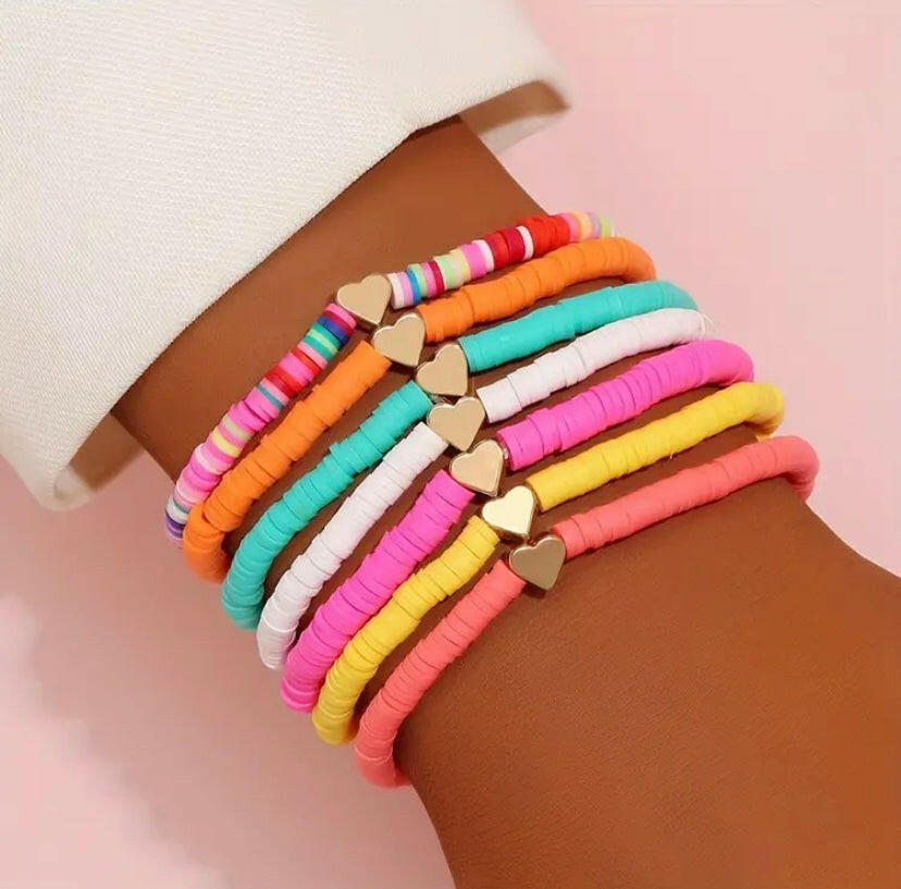 7pcs Love heart beaded bracelet/anklet set.