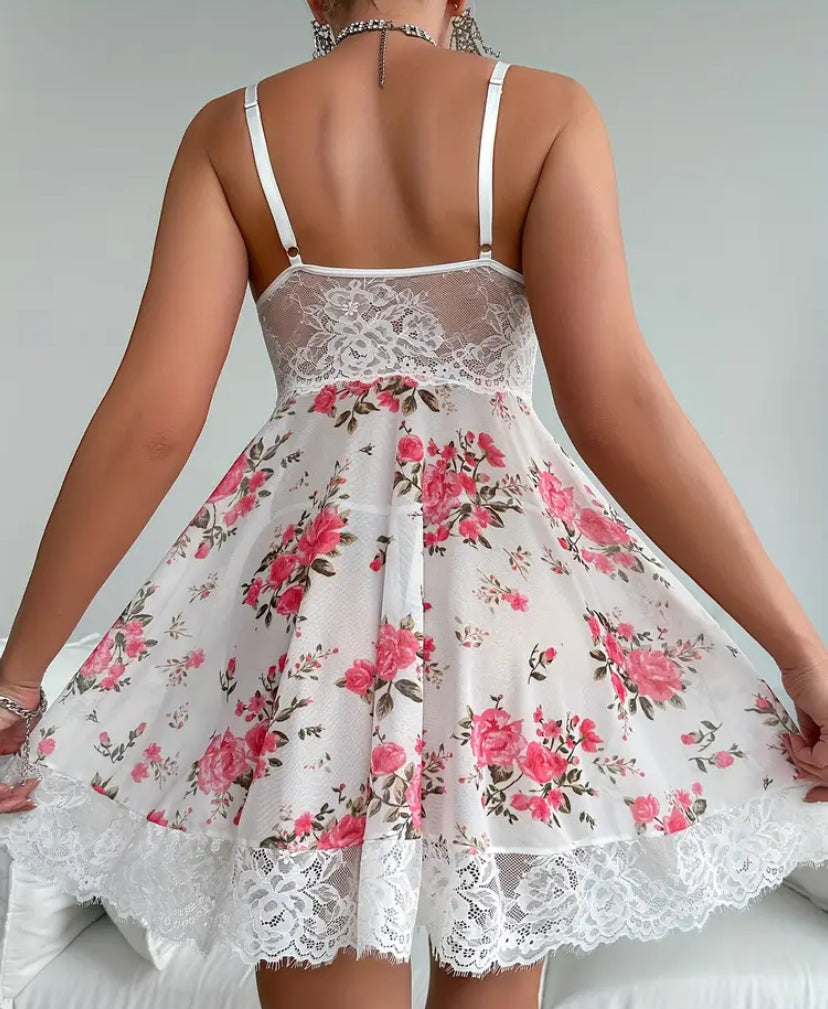 Floral printed stitch lace dress
