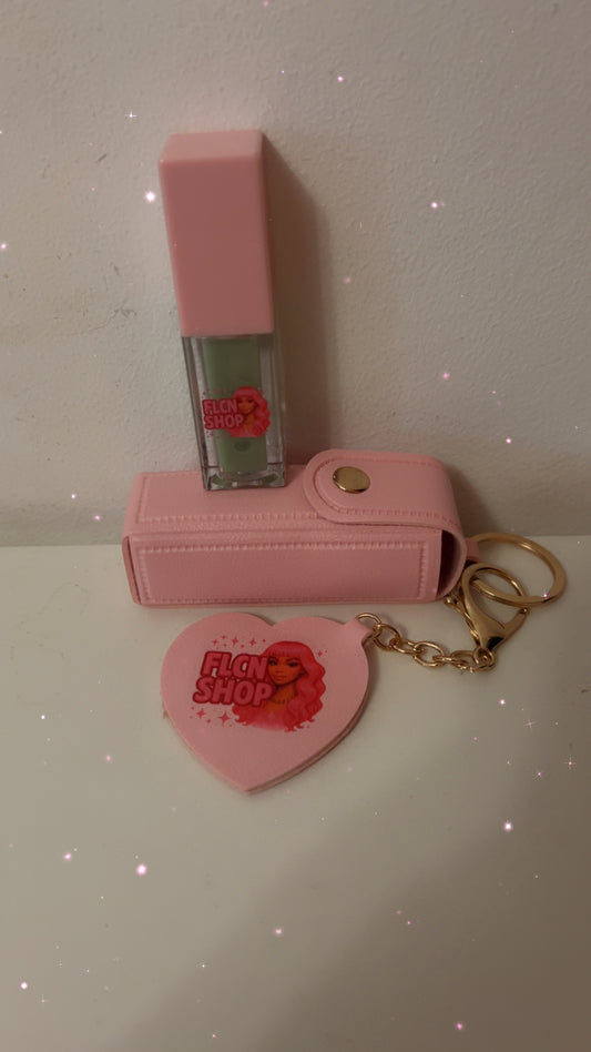 FLCN SHOP Cute Keychain Purse with Heart Mirror Lip Oil in Pink Case and Keyring Accessory