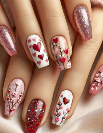 Elegant colourful heart shape Valentine press on nails