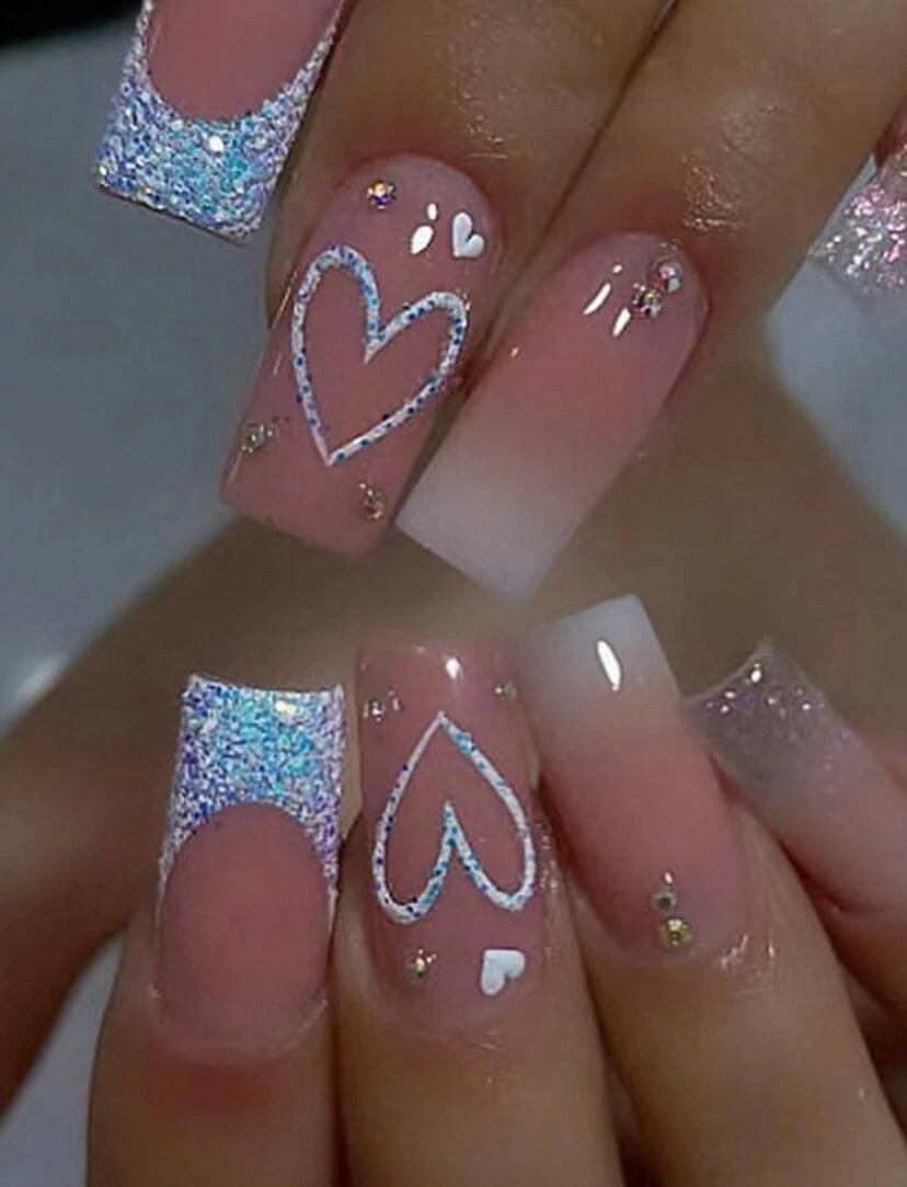 FLCN baby blue French manicure with heart design press on nails.