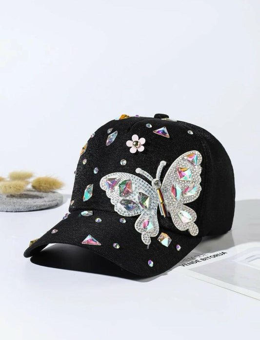 Black Butterfly rhinestone designs baseball cap.