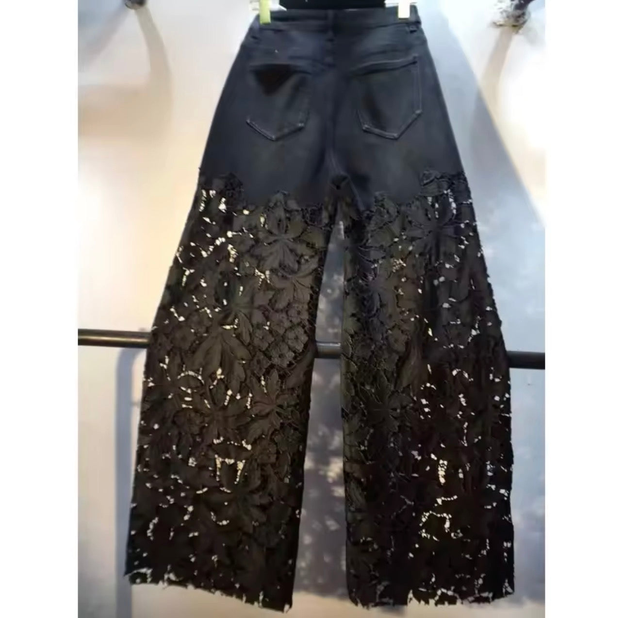 Black denim patchwork flower hollow lace wide leg pants
