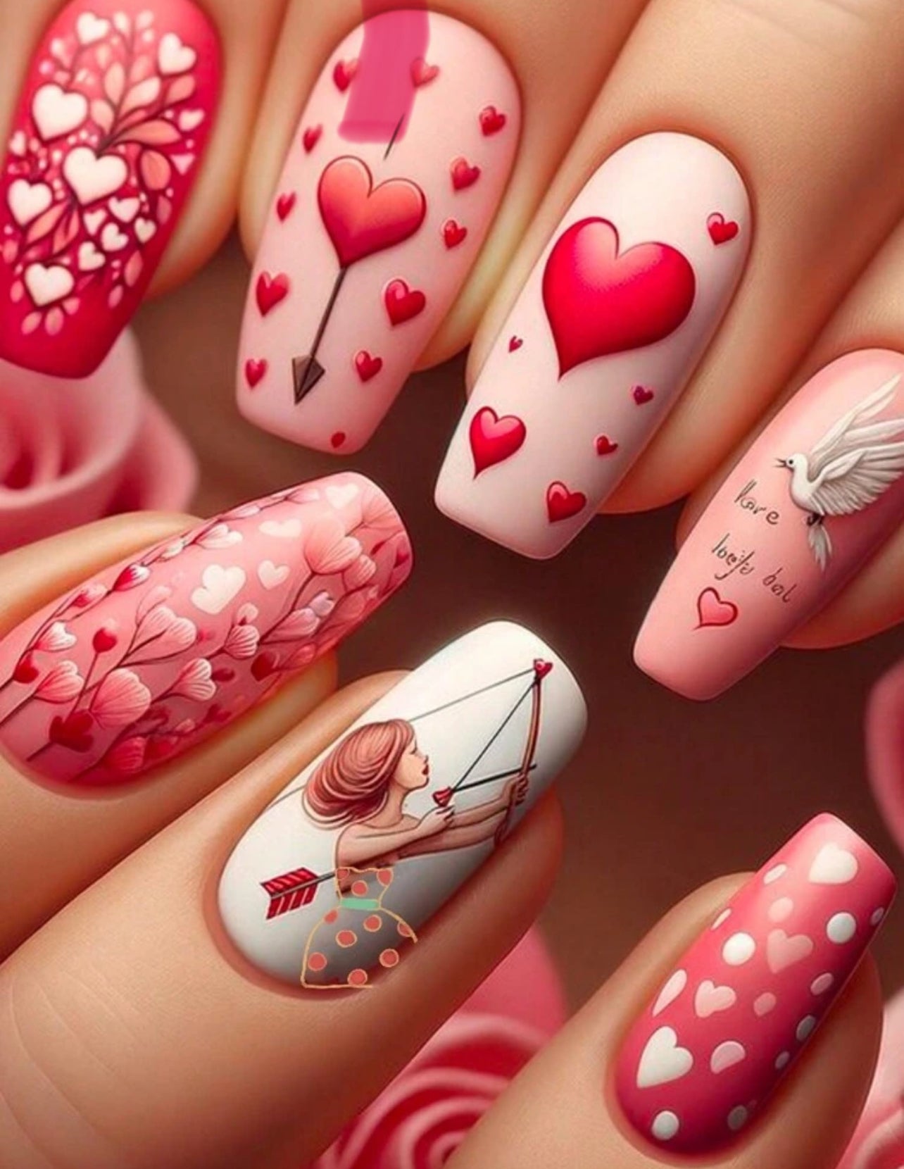 Shiny red heart shape valentines press on nails