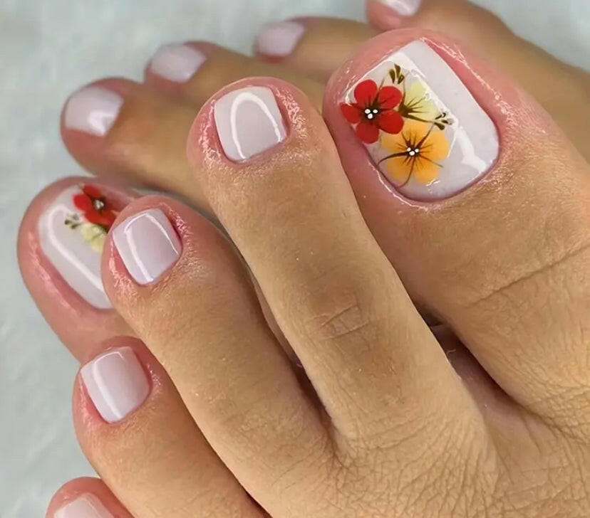 FLCN Summer glossy with colourful blooming flower design toenails.