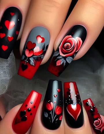 Red & black valentines style press on nails