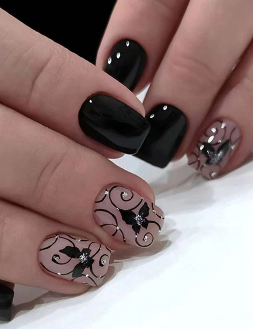 Black vine gothic style butterfly design short press on nails