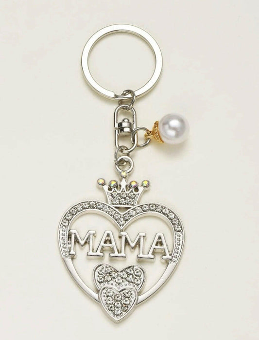 Mama Rhinestones and pearl heart charm keyring.