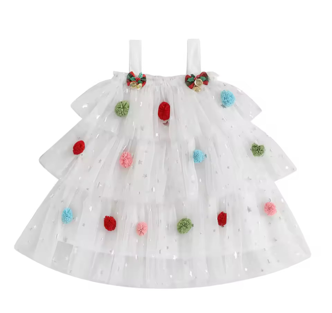 Christmas sleeveless tule dress with plush ball design