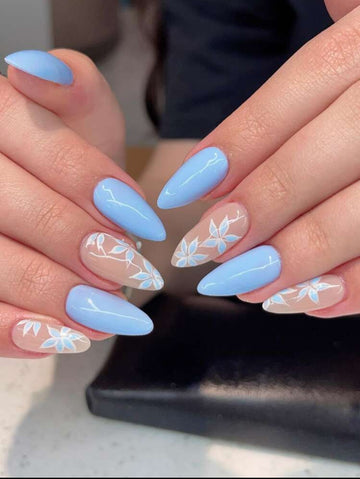 Baby blue and flower design almond shaped press on nails