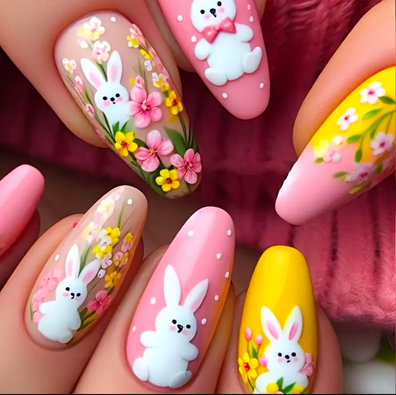 Cute bunny and flowers design press on nails