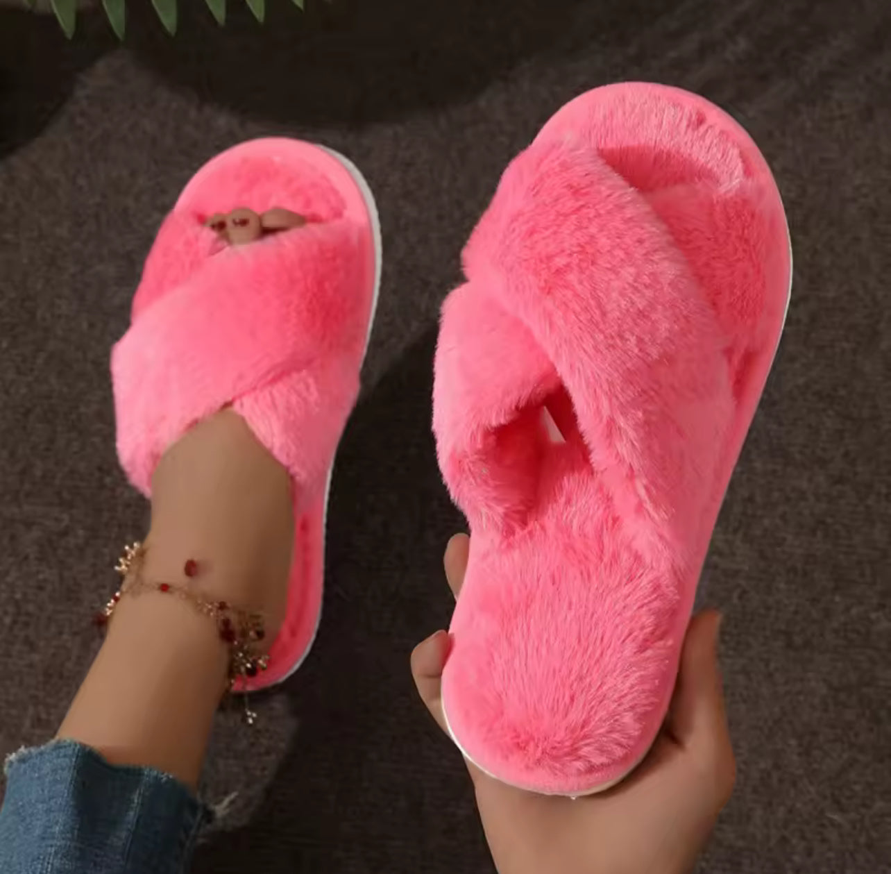 Cross band fur slippers