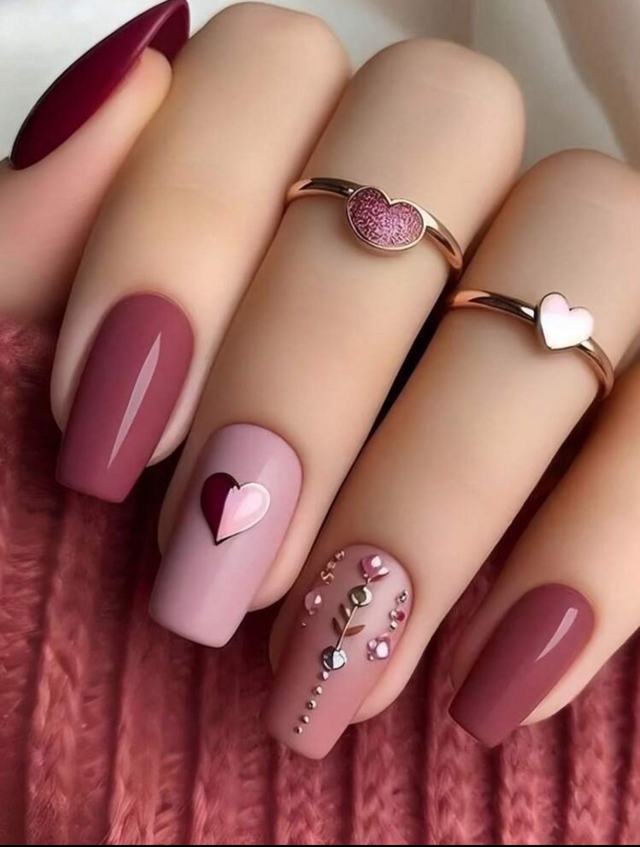 Deep red and nude heart printed press on nails