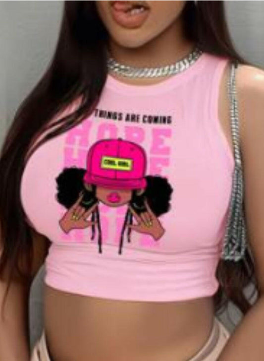 Pink Comic Character print round neck vest.