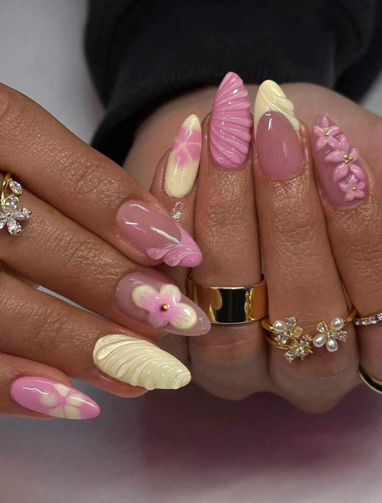 Pink and yellow flower design press on nails