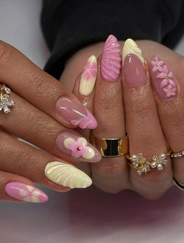 Pink and yellow flower design press on nails