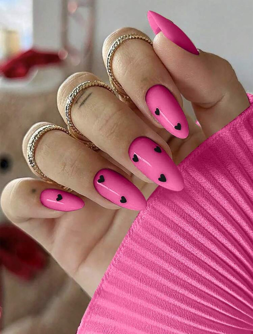 Hot pink with black heart design press on nails