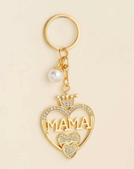 Mama Rhinestones and pearl heart charm keyring.