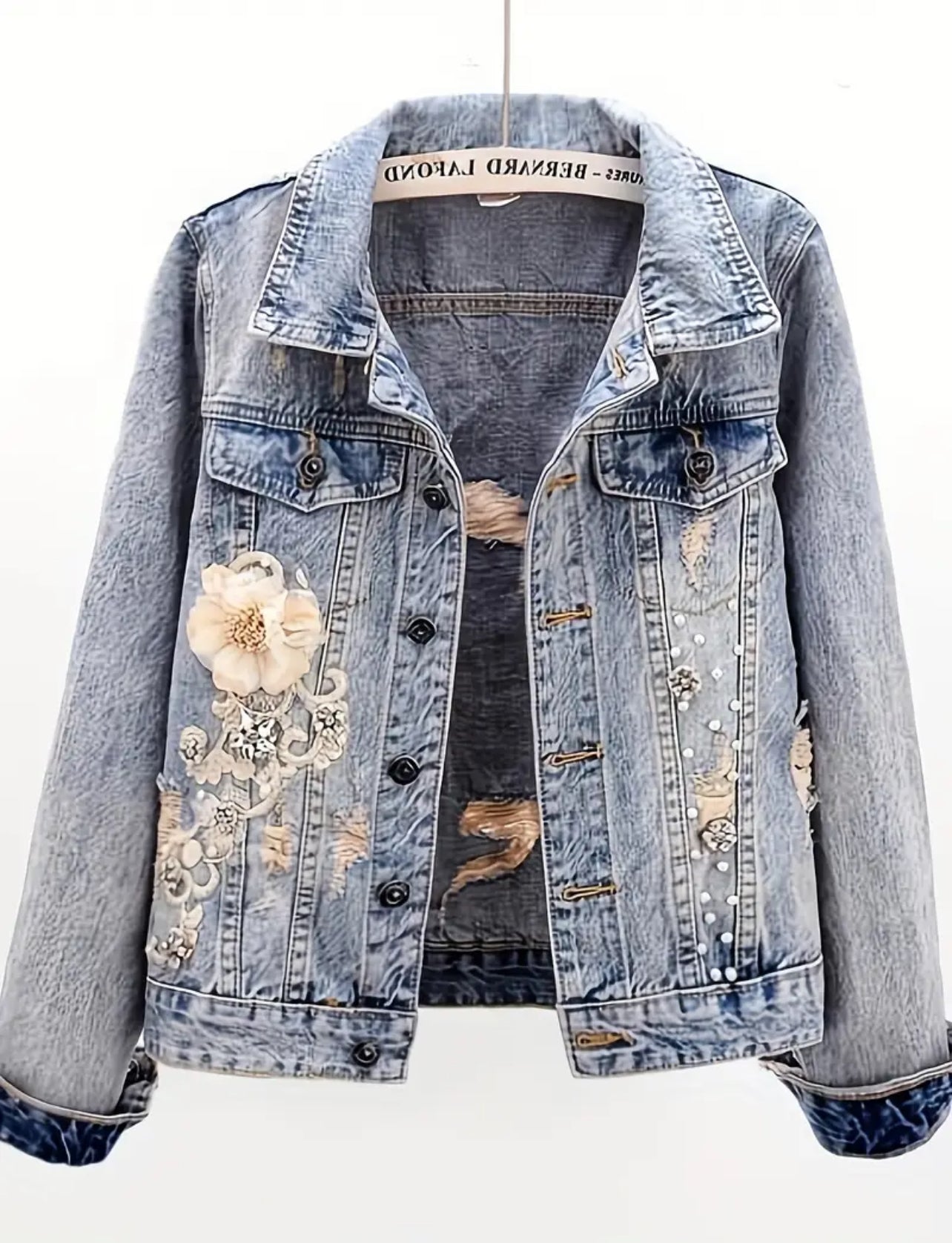 Elegant flower printed denim jacket
