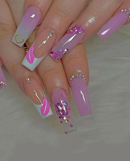 Long coffin shaped cute rhinestones press on nails.