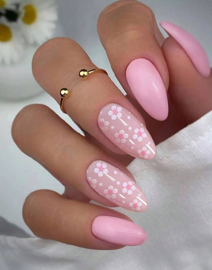 Baby pink and flower design almond shaped press on nails