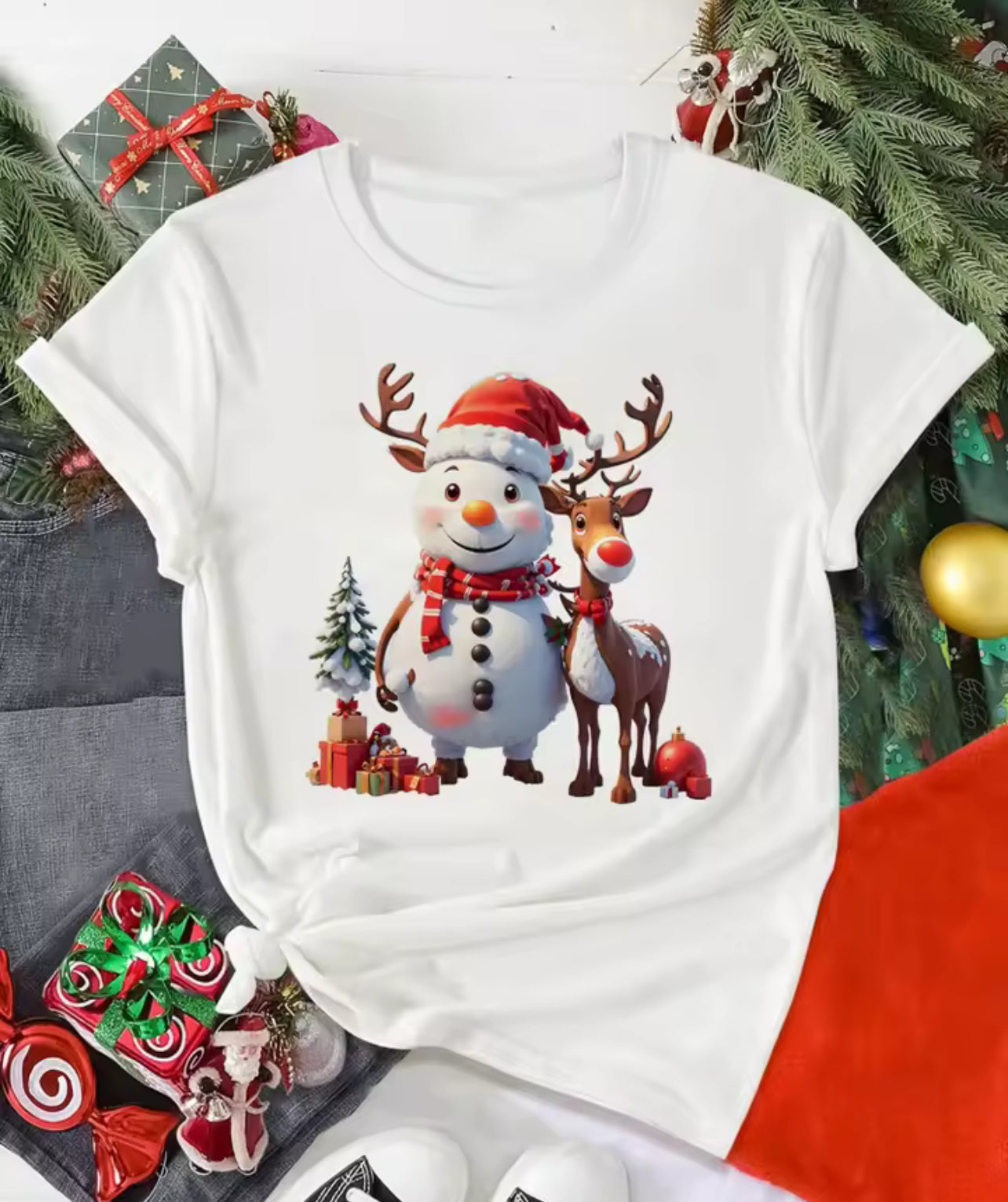 Snow man & reindeer design ladies T-shirt (PRE ORDER)