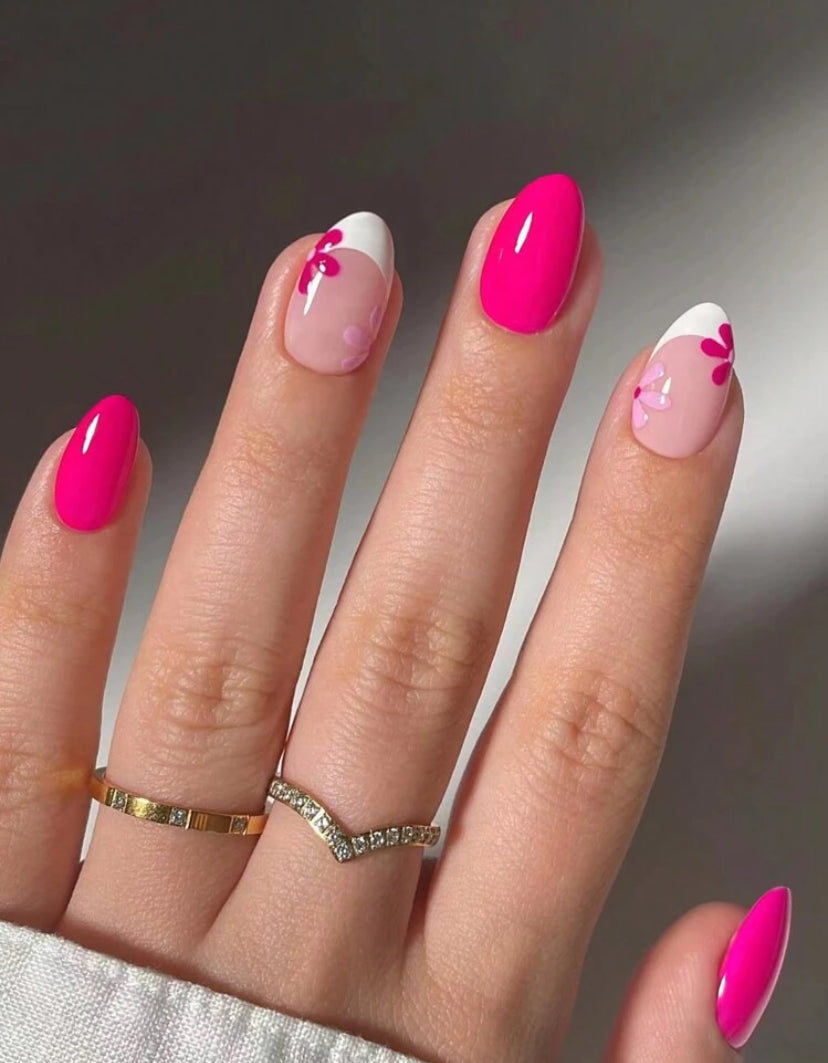 French manicure style in pink with cute flower design press on nails