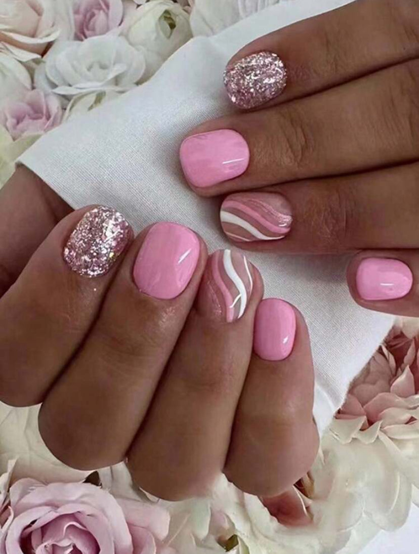 Cute pink with sparkle rhinestone press on nails