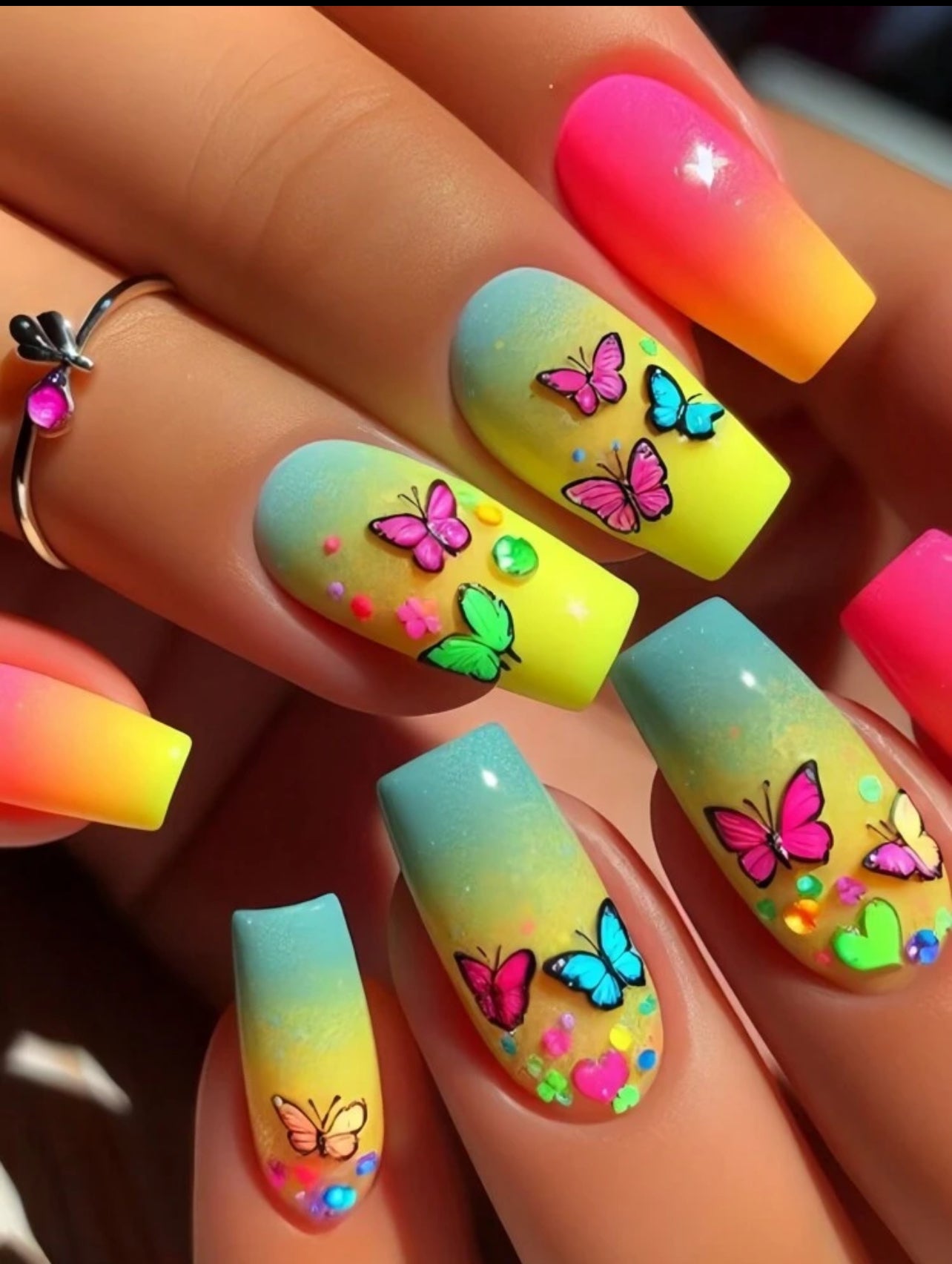 Gradient colourful butterfly and heart printed press on nails