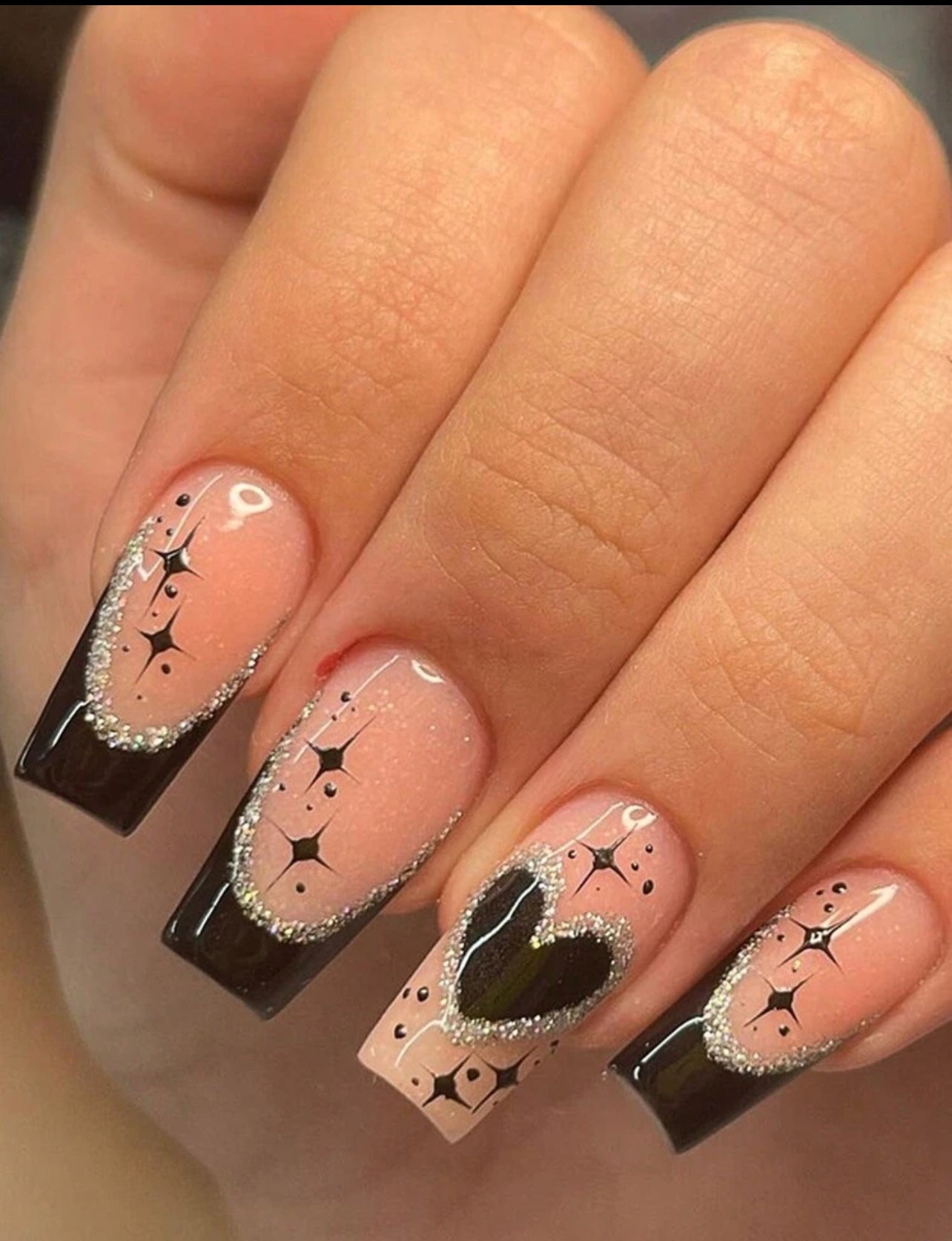 Pink and black edge glitter press on nails