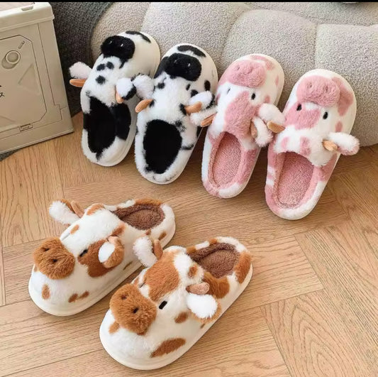 Cute cow plush slippers