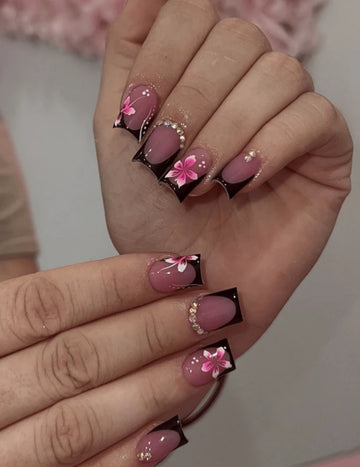 Short French tip style with rhinestones decorated press on nails