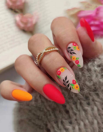 Summer colours with flower design almond shaped press on nails