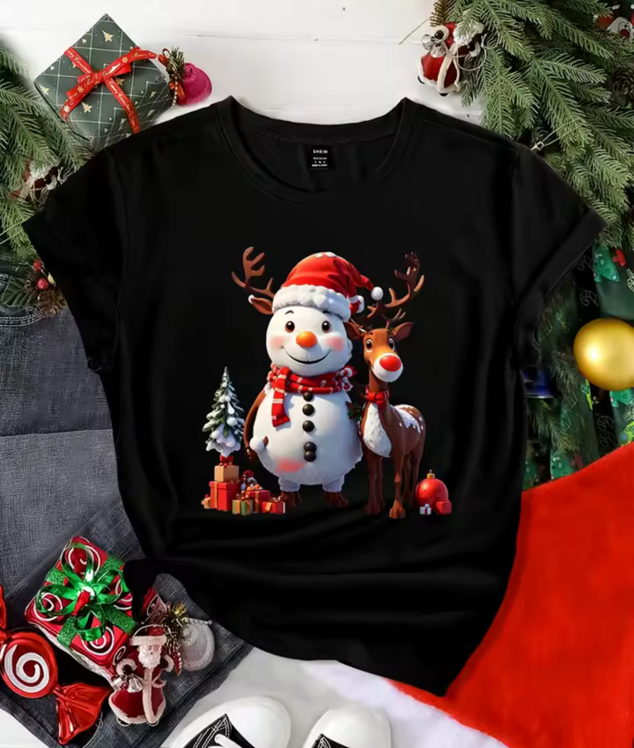 Snow man & reindeer design ladies T-shirt (PRE ORDER)