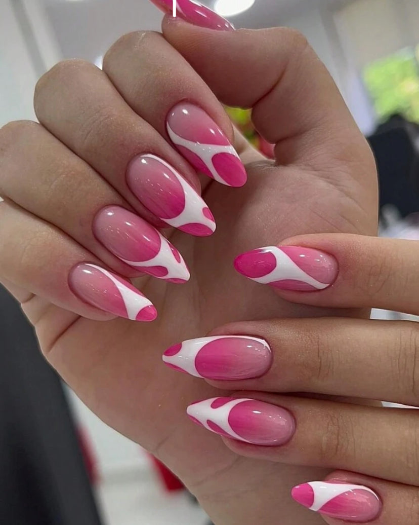 Asymmetrical line baddie pink almond shaped press on nails