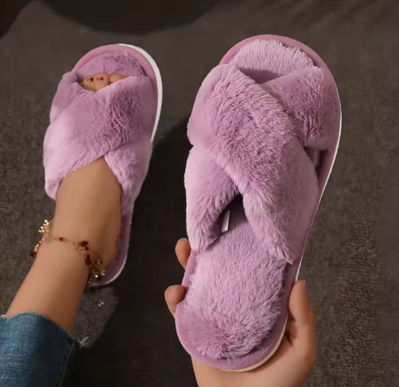Cross band fur slippers