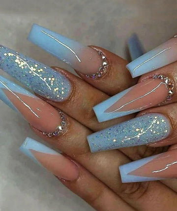 FLCN Long coffin shaped blue French manicure with glitter style press on nails.