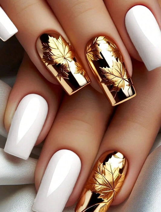 White and gold with autumn leaves design press on nails