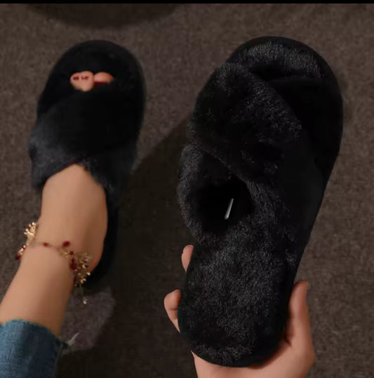 Cross band fur slippers