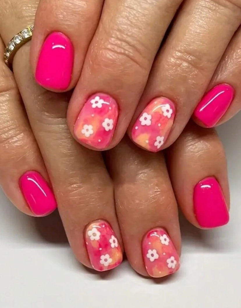 Hot pink flower design press on nails