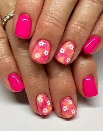 Hot pink flower design press on nails