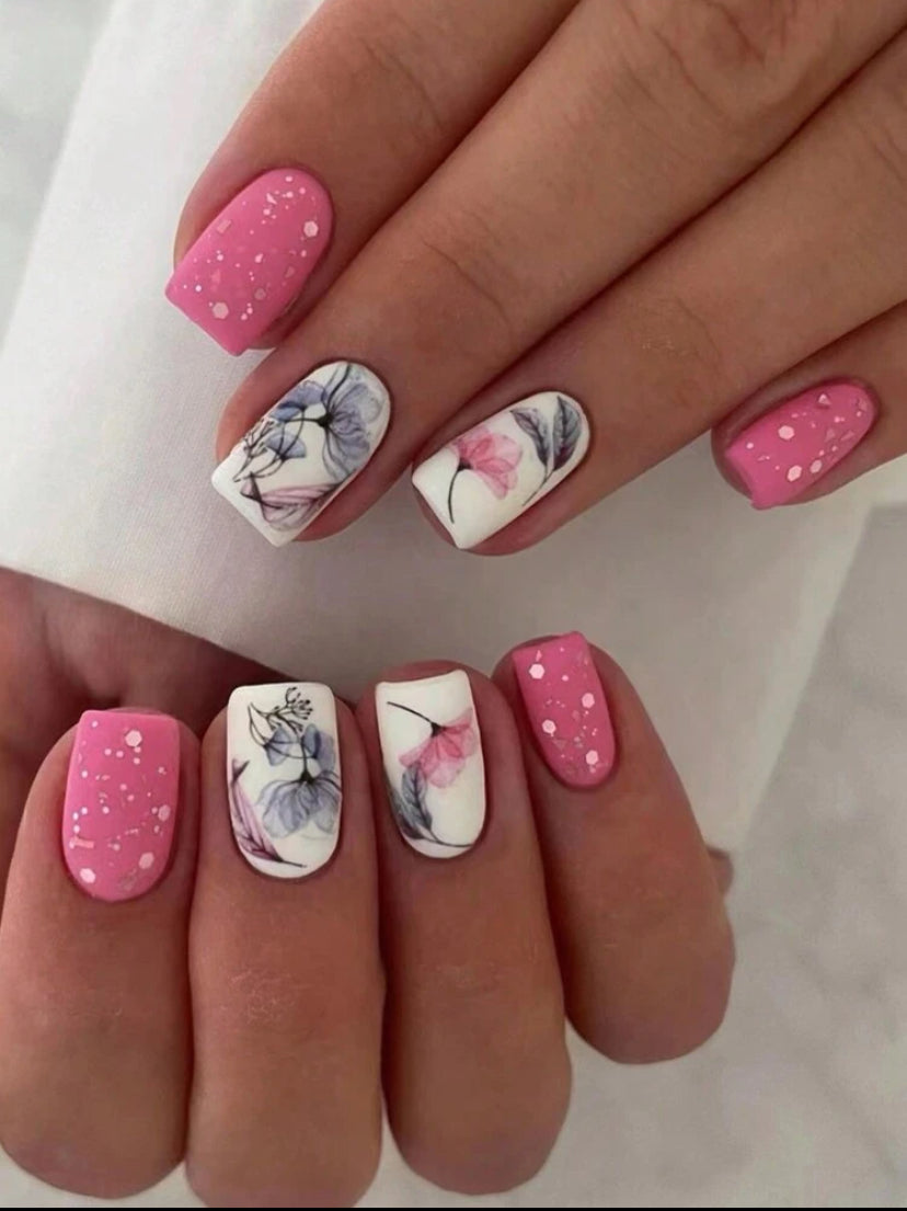 Cute pink flower design short press on nails