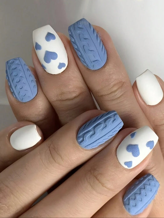 Blue patterns with heart shaped design press on nails