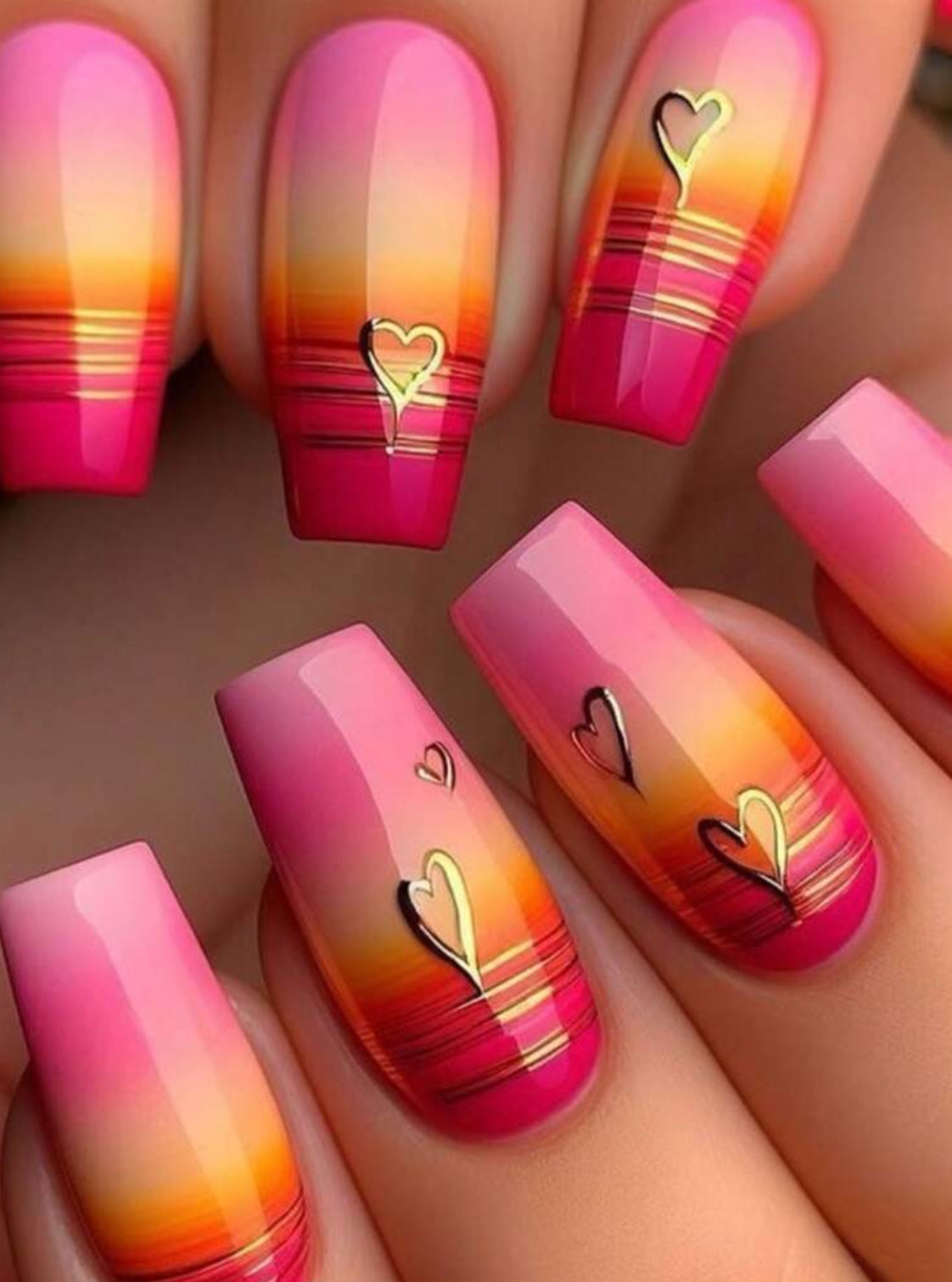 Sunset gradient heart printed press on nails