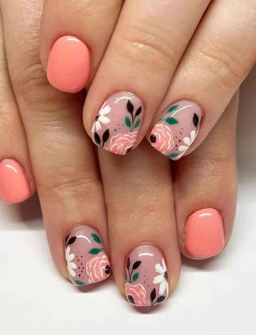 Peach colour with cute flowers design short press on nails