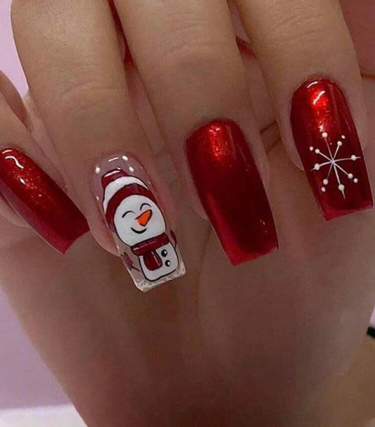 Snow man and snow flake design Christmas nails.