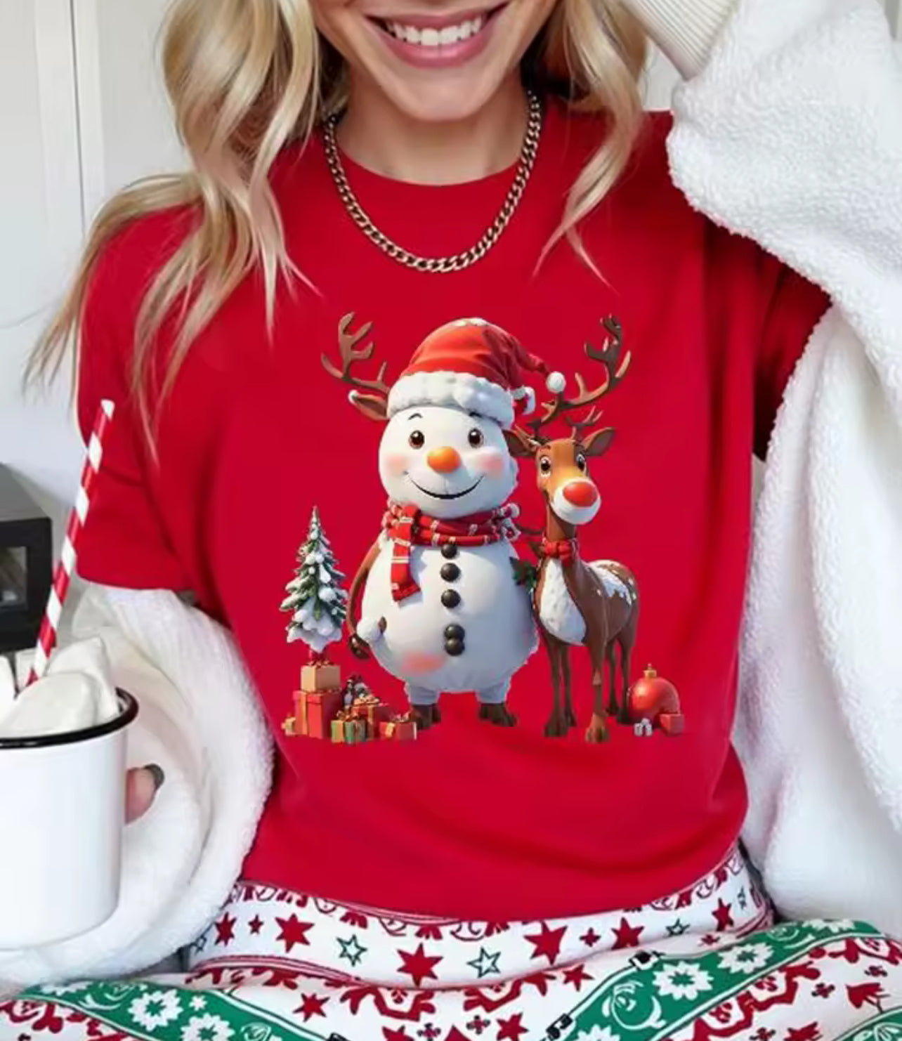 Snow man & reindeer design ladies T-shirt (PRE ORDER)
