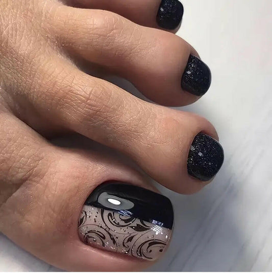 Black flower design press on toe nails.